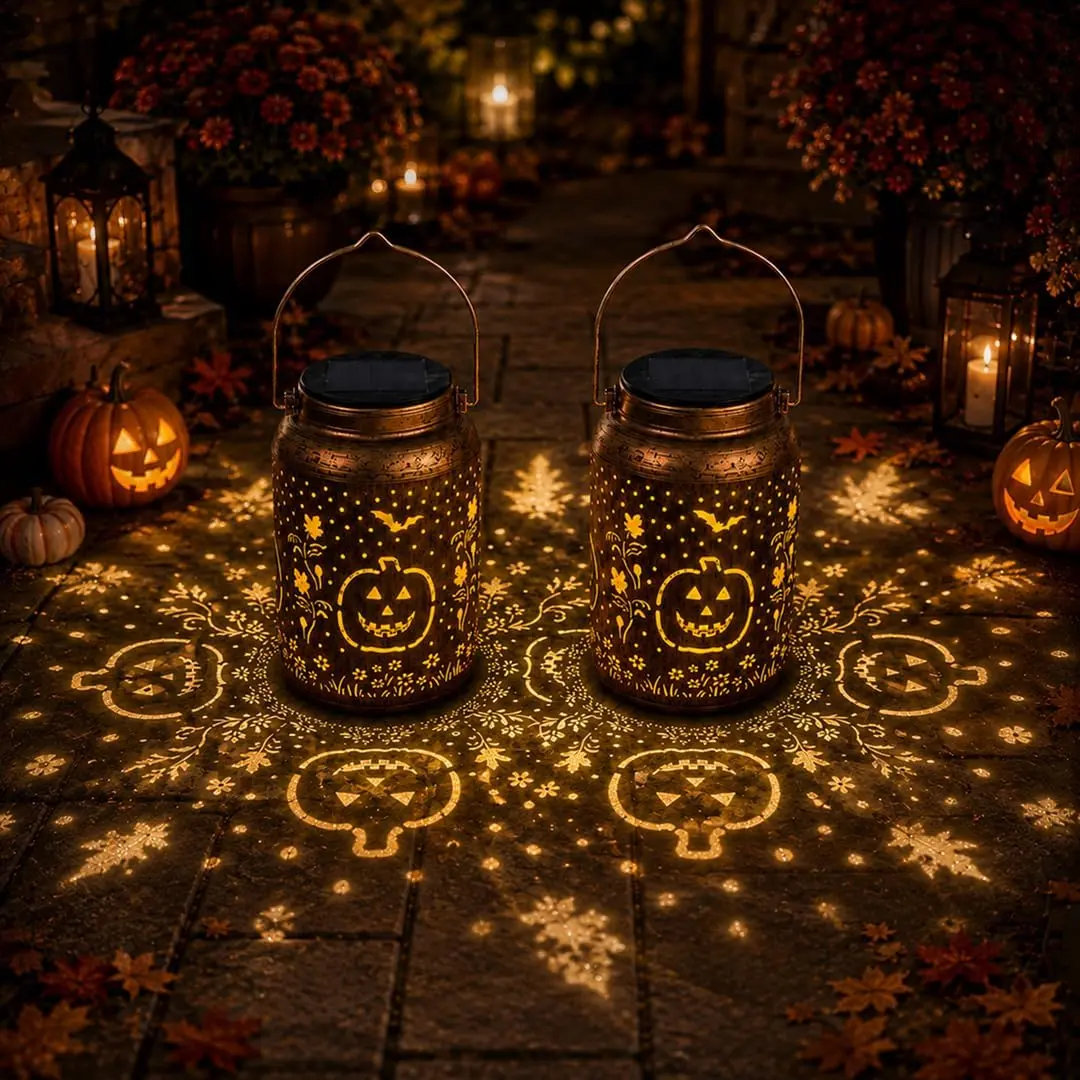 2-Pack Solar Halloween Pumpkin Lanterns - Outdoor Garden Shadow Projection Lights for Yard, Pathway Decor