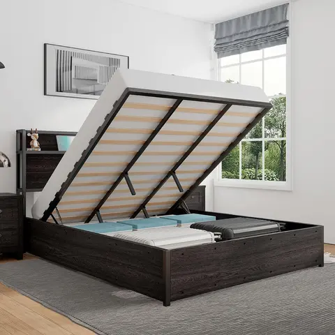 AMERLIFE Full Size Lift Up Storage Bed, Wood Platform Bed Frame with Storage Headboard & Charging Station, No Box Spring Needed, Easy Assembly/Christmas Gifts/Best Gift Ideas/Cozy Home