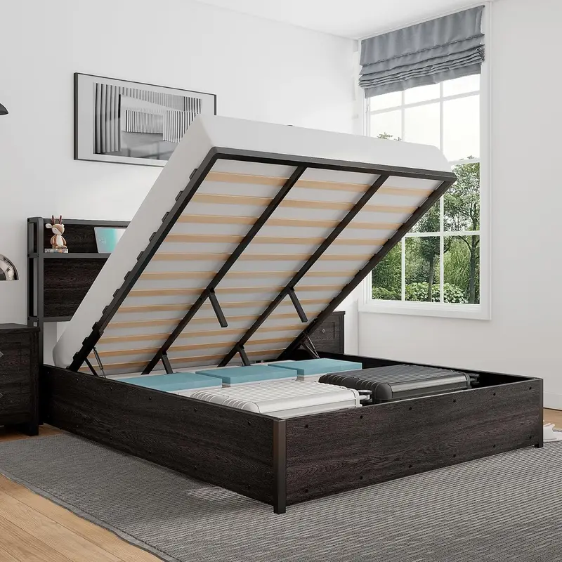 AMERLIFE Full Size Lift Up Storage Bed, Wood Platform Bed Frame with Storage Headboard & Charging Station, No Box Spring Needed, Easy Assembly/Christmas Gifts/Best Gift Ideas/Cozy Home