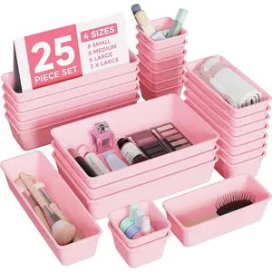 25 PCS Plastic Drawer Organizers Set, 4-Sizes Vanity Makeup Organizer, Desk & Bathroom Drawer Organizer Trays, Storage for Makeup Jewelry Gadgets Utensils (Pink)