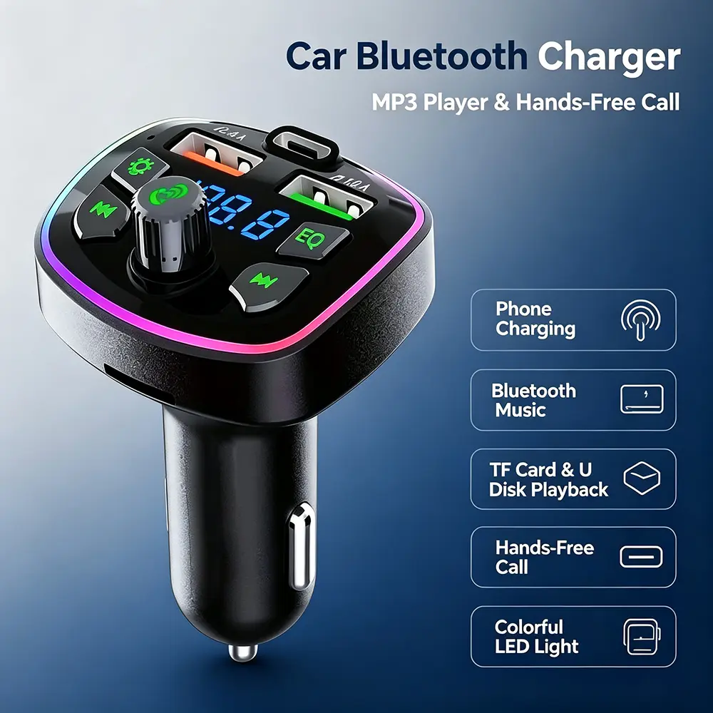 Bluetooth FM Transmitter  Charger Multifunctional MP3 Player  Station PD Fast Charging Type C Dual USB 3.1A Fast Charge Hands Free Calling  Music Adapter LED Voltage Display RGB Ambient Light  Audio Receiver Music Control Knob Univer