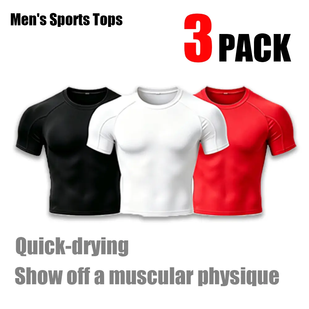 3 Pack Men's Compression Shirts Quick Dry Short Sleeve Athletic T-Shirts Slim Fit Workout Gym Running Sports Tops