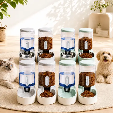 Kacoomi 2-Pack Auto Refill Pet Feeder Kits - 3.8L Polypropylene Gravity-Fed Set with 1 Food Feeder, 1 Water Bottle, Transparent Design, Stable Rubber Base, Easy-Clean Stainless Steel Bowls for Small/Medium Cats&Dogs, Uncharged, Long-Lasting