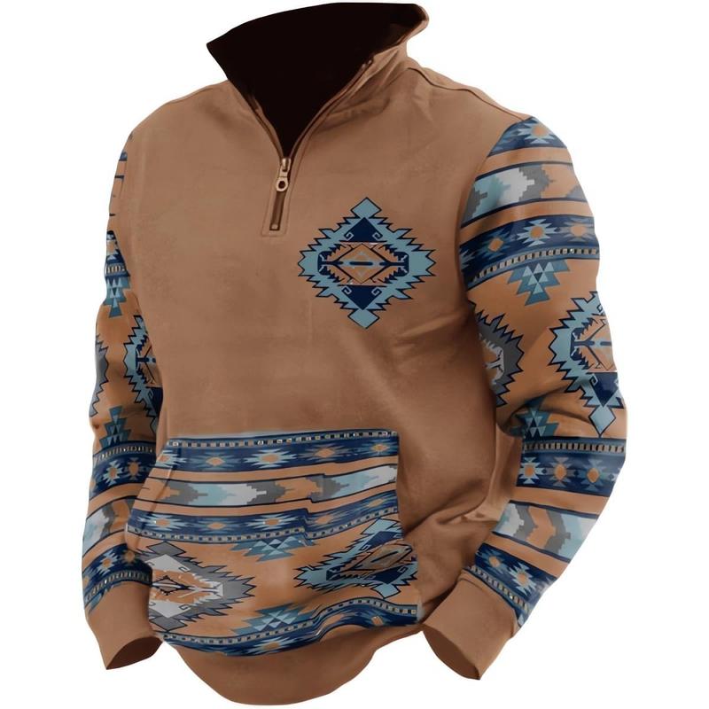 Aztec Western Hoodie for Men - Vintage Bull Head Print Long Sleeve Cowboy Sweatshirt with 1/4 Zip Stand Collar Pullover Country Style Warm Jacket