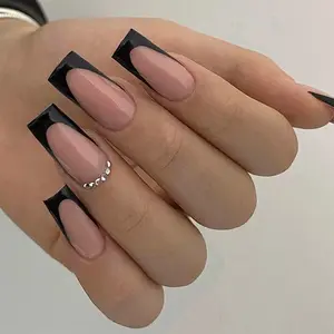 Edgy Black French Tip Coffin Press On Nails, Silver Rhinestone Chain Decor, Nude Transparent Medium-Long Ballerina Removable False Nails, Perfect for Party, Date & Streetwear, with Jelly Glue and Nail File