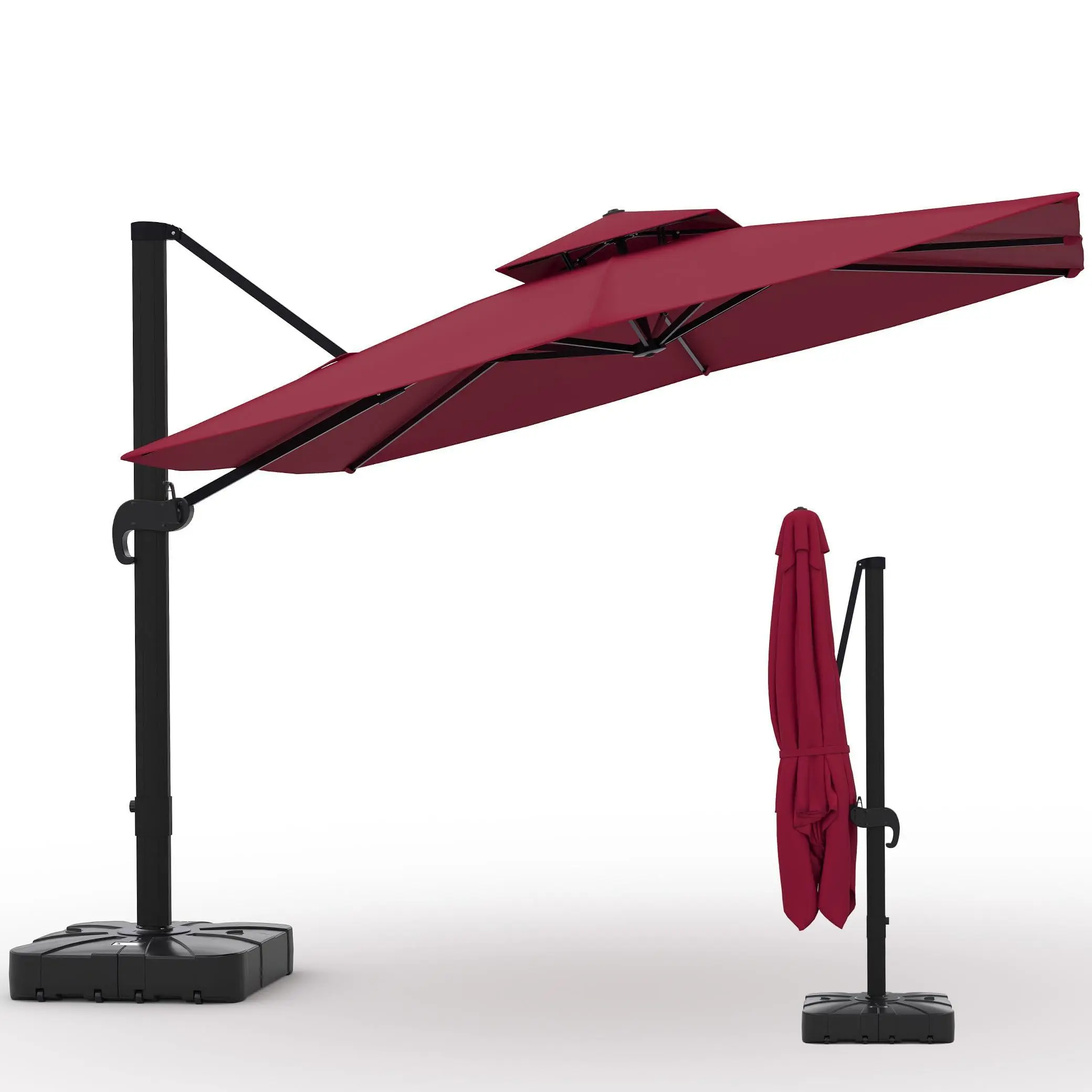 GARVEE 10 x 10 ft Cantilever Patio Umbrella, Square Outdoor Umbrella with 360° Rotation, 3 Height Settings, Heavy-Duty Aluminum Frame, Waterproof Oxford Fabric, Fillable Base,Wine
