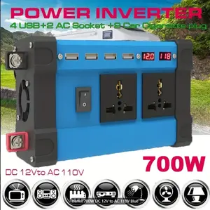 700W Power Inverter: DC 12V to AC 110V, 2 Universal Sockets, 4 USB Chargers & Cigarette Lighter Plugs - LED Display!