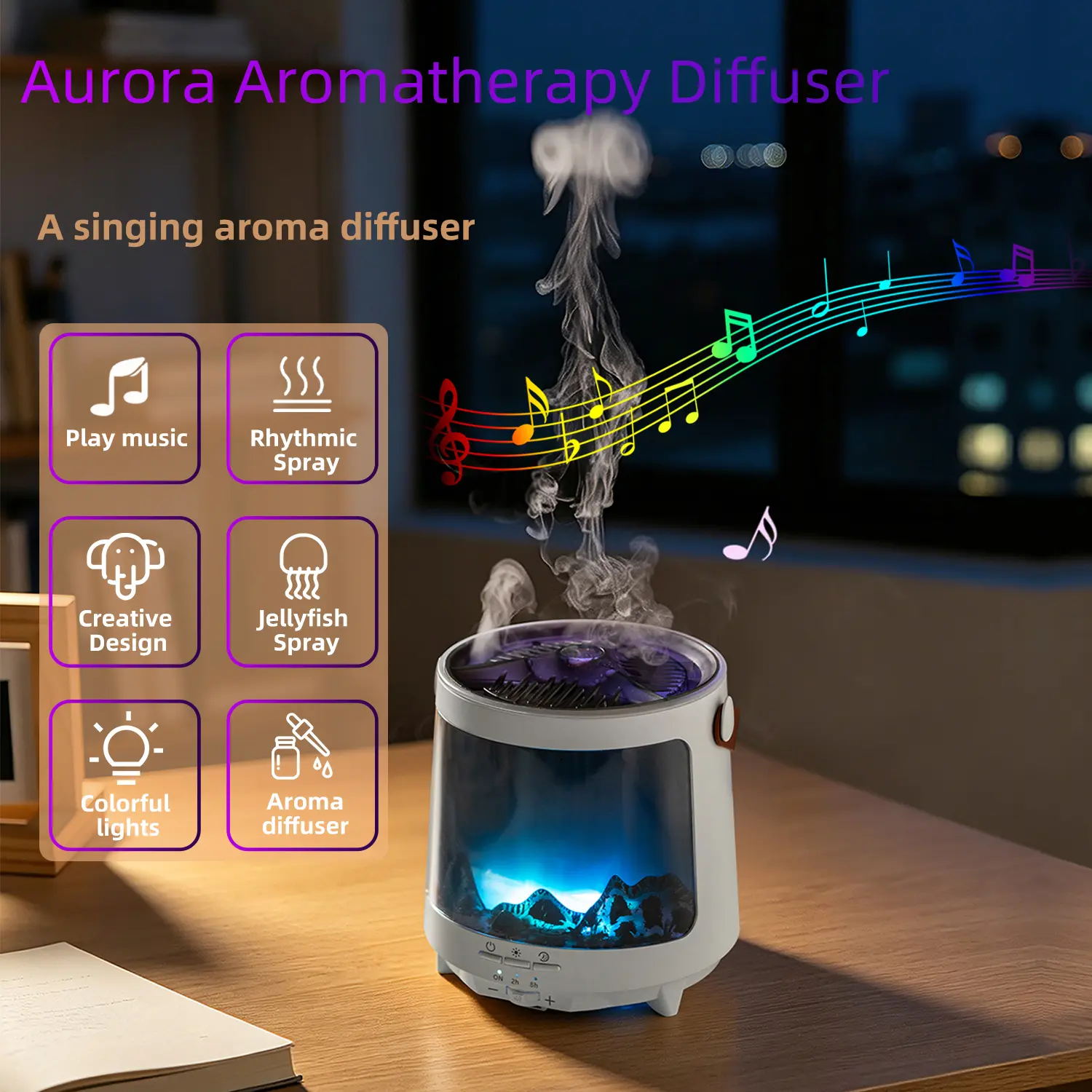 Ultrasonic Essential Oil Diffuser - Compact USB-Powered Humidifier with Jellyfish Mist, Colorful Lights, Jellyfish Light, Aurora & Flame Effects, Timer Function, Steamer Diffuser Aromatherapy Machine for Home Bedroom Decor & Gifts