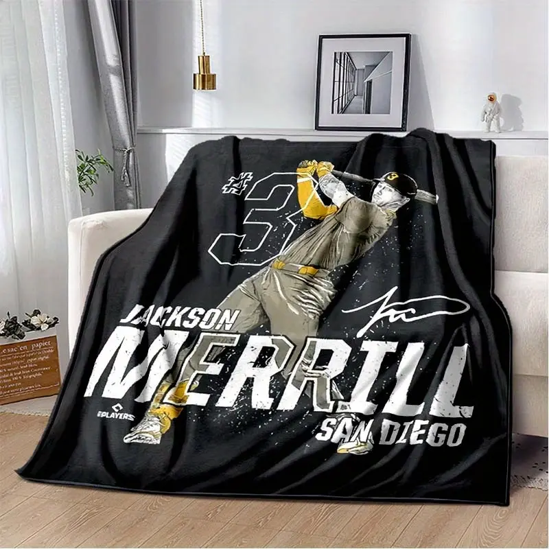 San Diego Baseball Fleece Blanket Jackson Merrill # 32 Graphic Soft Flannel All Season Throw for Home Office Camping Travel Sports Fan Gift for Men Women Bold Lettering Plush Material Home Decor