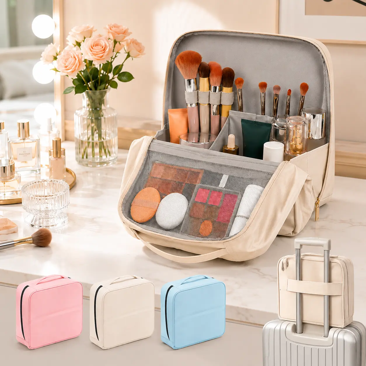 Women's X-Large Waterproof Nylon Cosmetic Pouch - Magnetic Flap Hold, Multi-Zone Standing Makeup Organizer, Travel-Ready Toiletries Bag with Mirror Holder, Toiletries Organizer