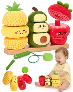 hahaland Plush Fruit Stacking Toy,Wooden Base Stacking & Threading Toy with Sensory Fruit Plush, Montessori Plush Toy for 1 Year Old, Educational Baby Gift for 12+ Months Old