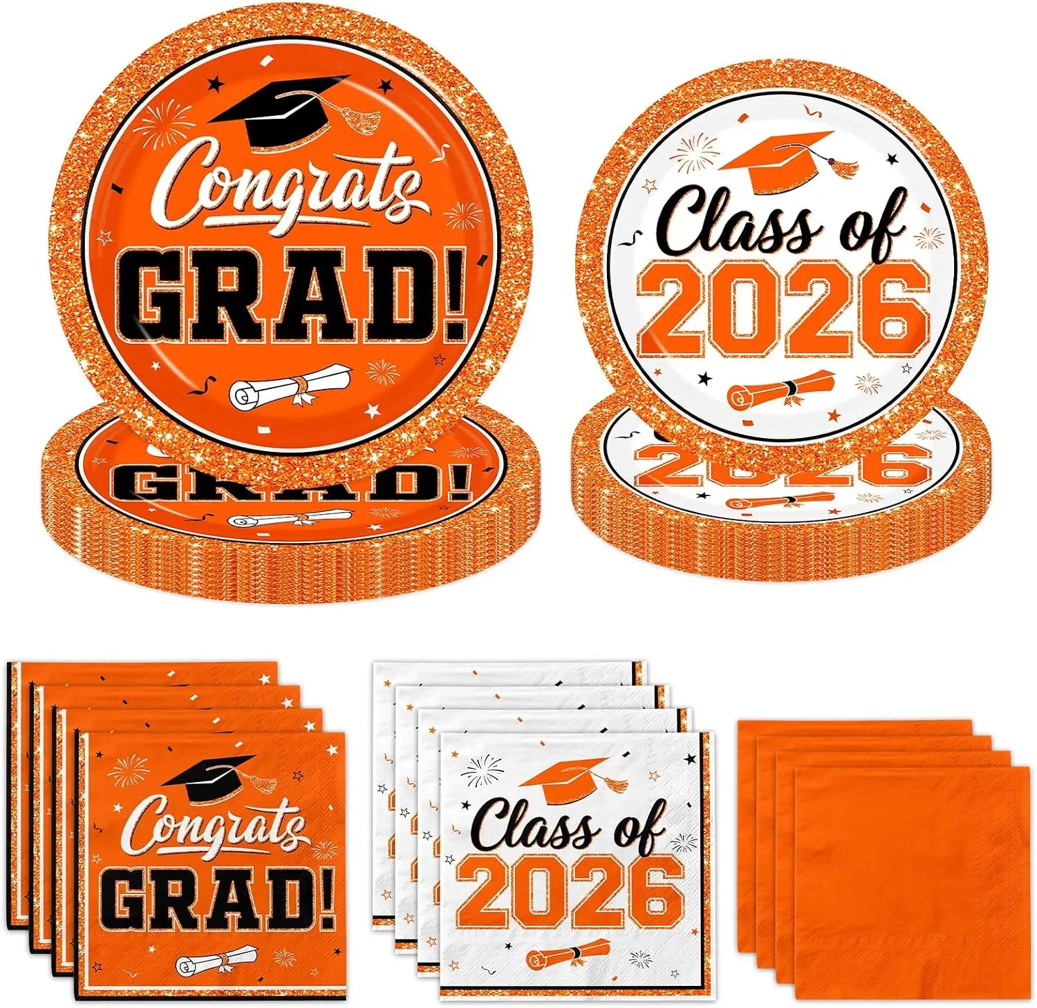 Graduation Plates and Napkins 2026, 200pcs Orange Graduation Decorations Class of 2026 Grad Congrats Orange Plates and Napkins Party Supplies for Graduation Party Favors,Serve 50