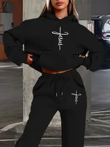 Women's Sportswear Set Autumn Winter Fleece Warm Jesus Cross Text Print Hooded Casual Sports Style Pocket Letter Pattern Streetwear Workout Sets Women Jogging Set