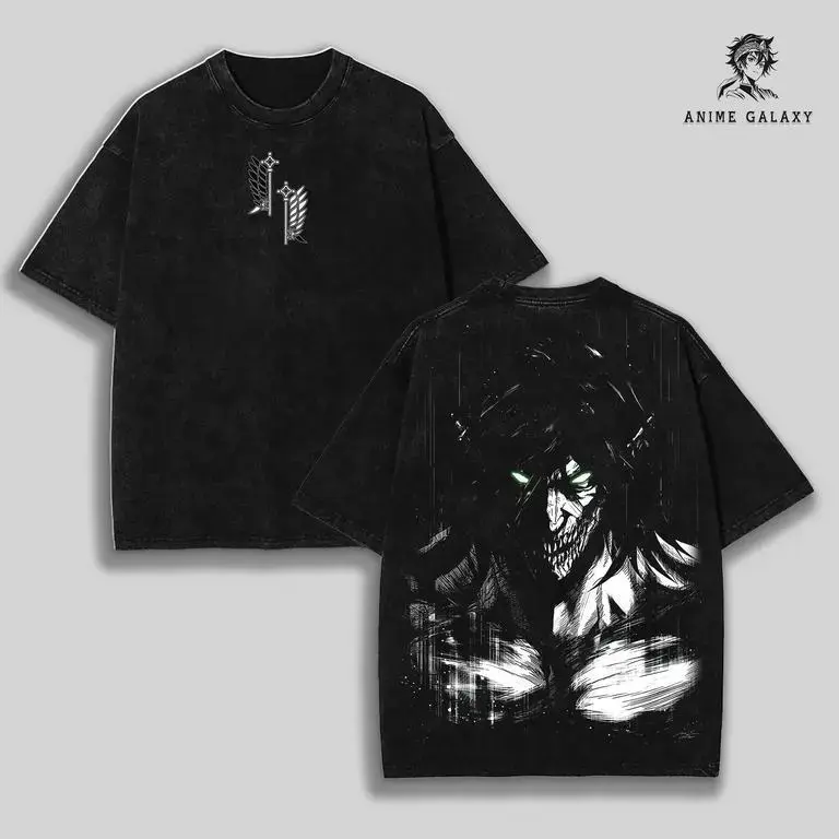 Men's Oversized Attack on Titan Eren Yeager Graphic T-Shirt - Ver 2, Vintage Washed Heavy Cotton Fabric, Double-Printed Front-Back, Baggy Shortsleeve Unisex Menswear Streetwear Top, Tshirt, Attack On Titan Artwork Men's Short-Sleeve T-Shirts, Original, Te