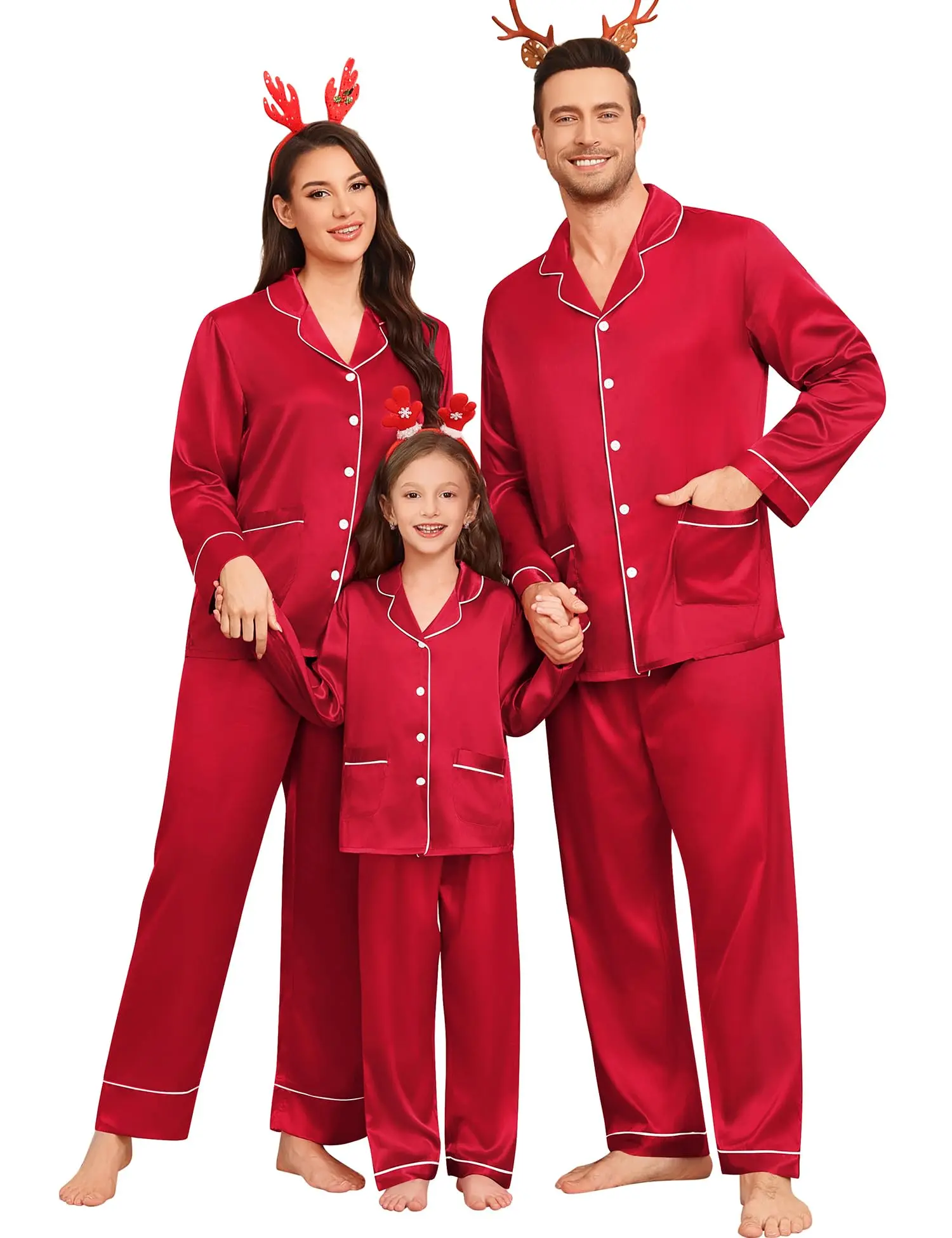 SWOMOG Matching Family Pajamas Set for Women, Men & Kids, Silk Satin PJs, 2-Piece Long Sleeve Button-Down Sleepwear with 2 Pockets