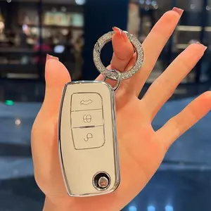 Silver Edge TPU Key Shell with Silver Diamond Ring Car Keychain for Ford for Fiesta for Focus 2 for Ecosport for Escape for Falcon B-Max C-Max Eco for Galaxy 3 Buttons Key Case Key Chain