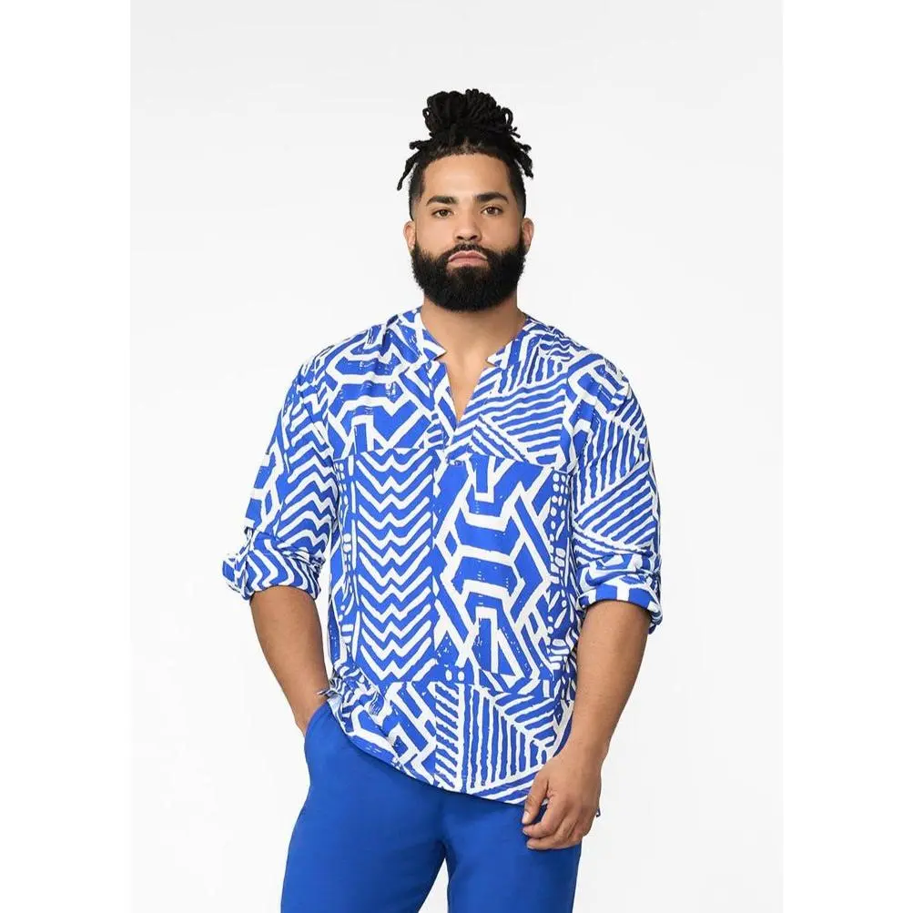 Ajisomo Men's African Print Tunic (White Cobalt Tribal)
