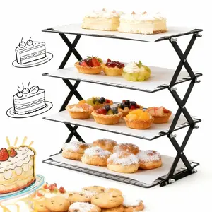 4-Tier Foldable Cooling Rack, Baking Pan Wire Rack, Outdoor Picnic Rack, Adjustable 4 Setting Designs, Collapsible Food Display Stand, Multi-Purpose Serving Tray, Camping Grill for for Baking, Roasting, Grilling, Picnics, with 20pcs Parchment Paper
