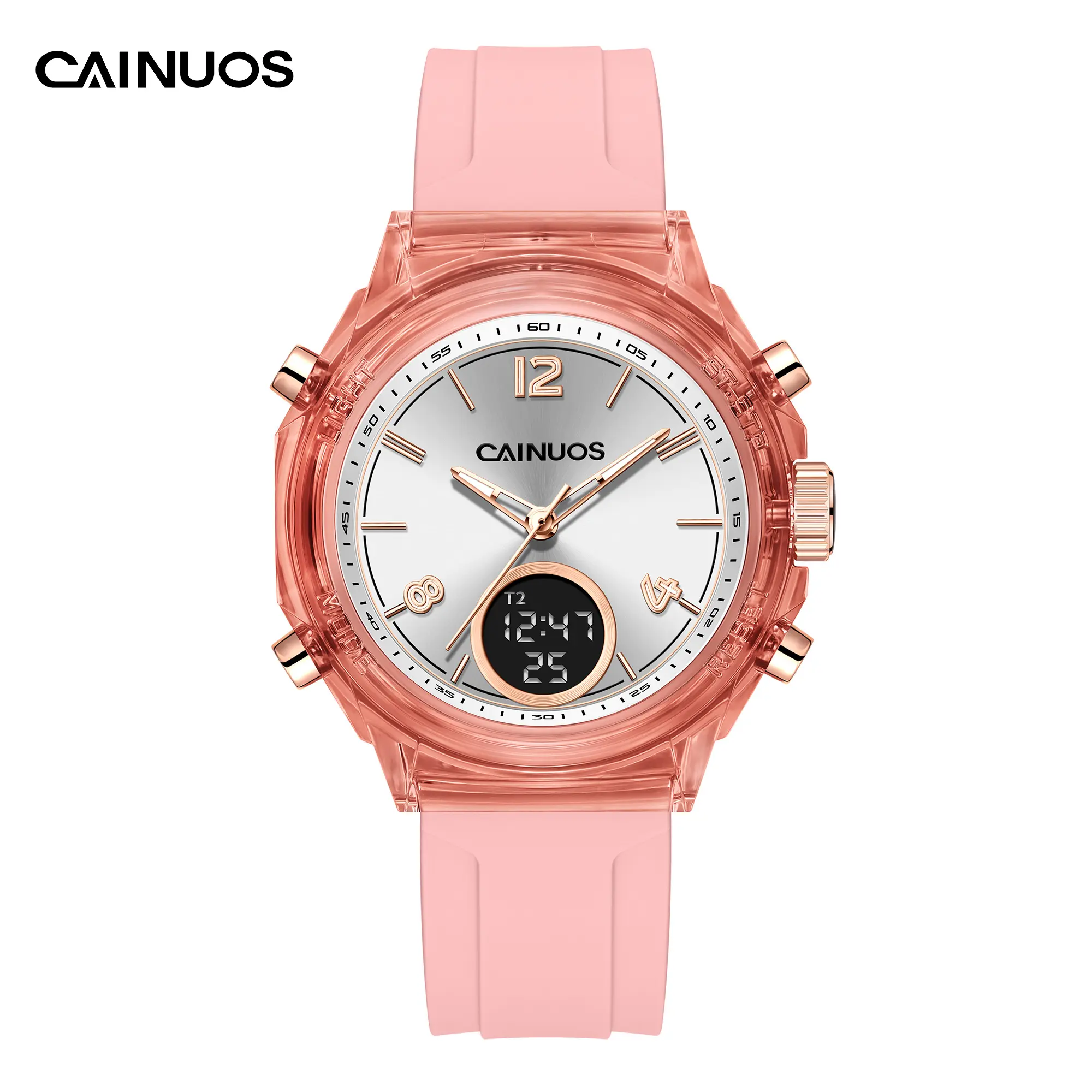 CAINUOS 8009 Women's Dual Display Watch, Fashion Sport Luminous Waterproof Quartz Wrist Watch, Soft Silicone Band Lightweight Casual Daily Wrist Watch for Ladies