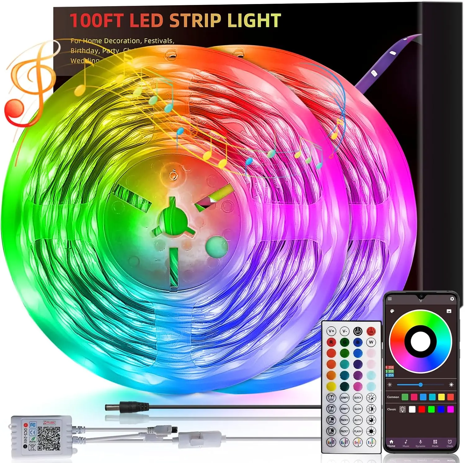 HBOWMDJIA 100ft Led Lights for Bedroom, Led Strip Lights Music Sync Corlor Changing, Led Light Strip with Remote & App Control RGB Strip, Led Lights for Room Dorm Home Classroom Ceiling Decor