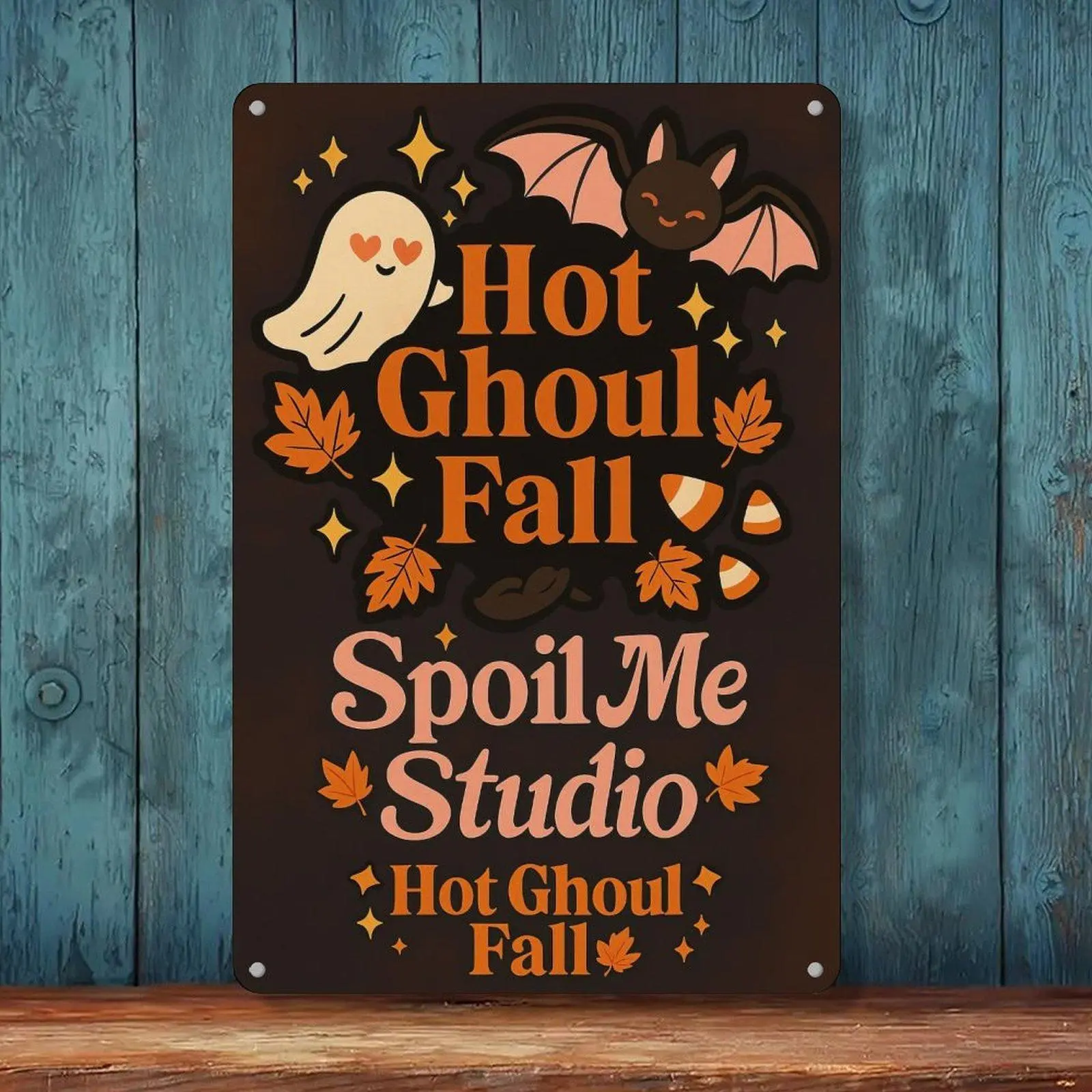 Cute Hot Ghoul Fall Ghost Bat Autumn Wall Art Decor 8x12in Vintage Spooky Halloween Wall Hanging Plaque For Bedroom Farmhouse Porch