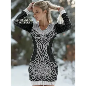 Printed Design-Not Textured - Women's Fashionable Retro V-neck Viking Tribe Printed Pattern Elegant Cinched Waist Dress