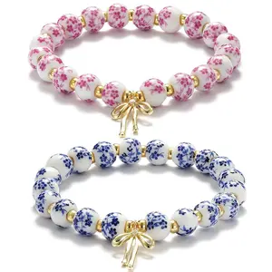 2pcs Women's Boho Style Beads Bow Charm Bracelet for Women Flower Vintage Bracelet Handmade Stretch Beaded Dainty Romantic Jewelry Gifts