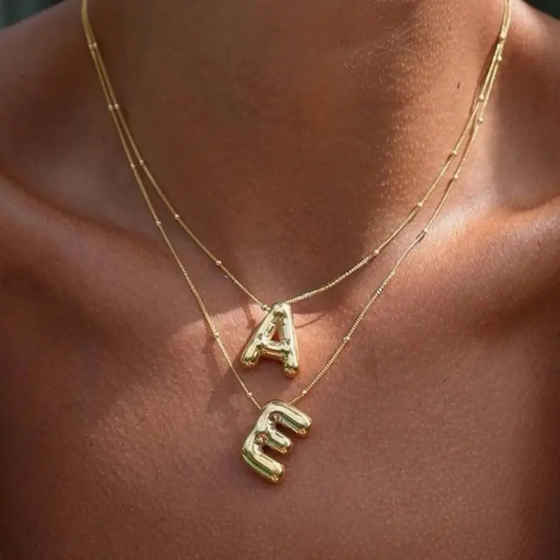 Bubble Gold Letter Necklace for Women 14k Gold Plated Balloon Initial Letter Pendant Necklace Pearl Custom Name Layered Choker Necklace Gold Jewelry jewel necklace