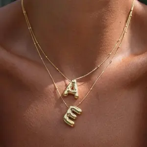 Bubble Gold Letter Necklace for Women 14k Gold Plated Balloon Initial Letter Pendant Necklace Pearl Custom Name Layered Choker Necklace Gold Jewelry jewel necklace