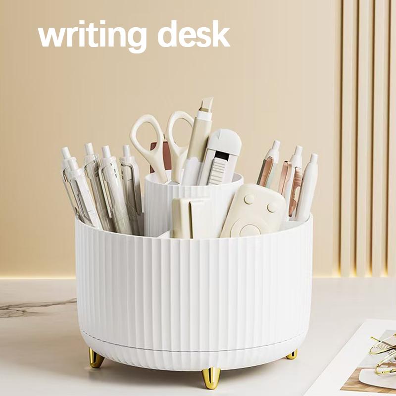 A 360 degree rotating cosmetics storage box - cosmetics storage box, display box with 5 compartments - multifunctional brush, lipstick, skin care and stationery storage box - durable and odorless luxury stripe design desktop storage box Organiser White