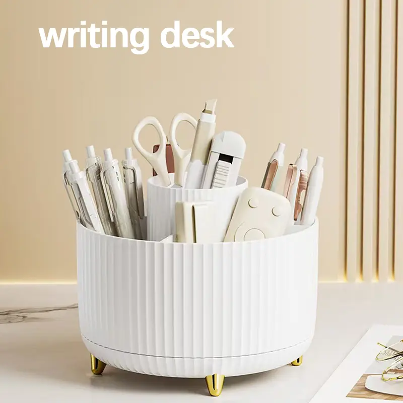 A 360 degree rotating cosmetics storage box - cosmetics storage box, display box with 5 compartments - multifunctional brush, lipstick, skin care and stationery storage box - durable and odorless luxury stripe design desktop storage box Organiser White