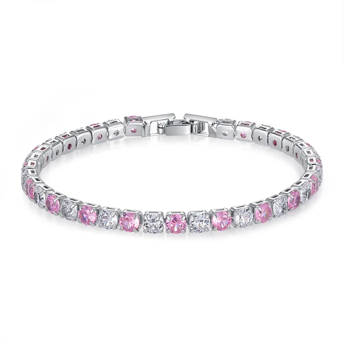 Pink White Alternating Tennis Bracelet Silver Plated Round Crystal Sparkling Chain Bracelet Women Jewelry