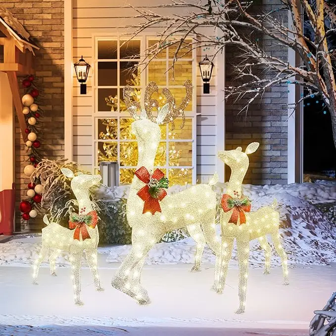 Large Reindeer Christmas Decoration [Family Set of 3],Christmas Decor with 230 LED Lights & Red Bows, Light Up Buck, Zip Tie, White