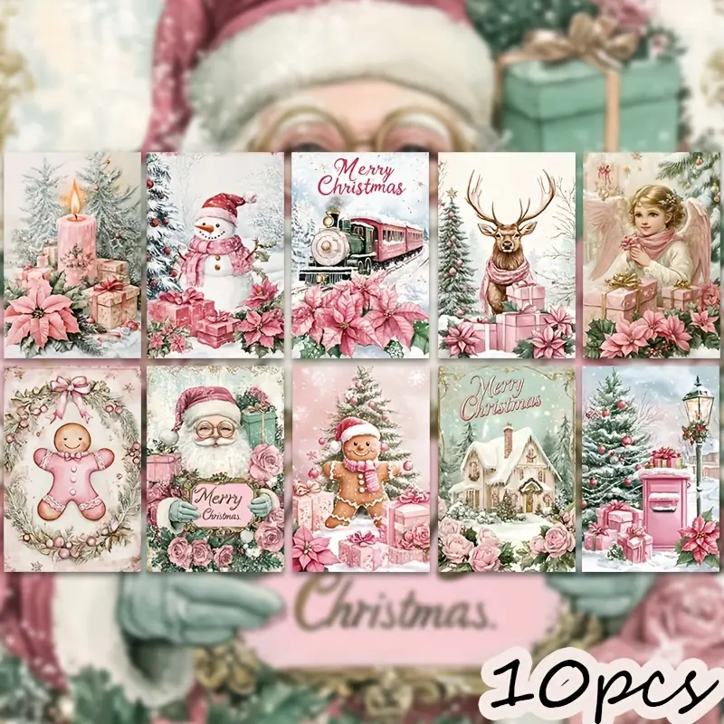 10 Pack YWWBLD Vintage Pink Christmas Card Set Santa, Reindeer, Snowman & Floral Festive Patterns, High Quality Paper Wall, Tearable Greeting Cards