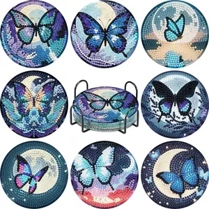 8 Piece Diamond Art Coasters Set, Blue Butterfly & Moon Design, DIY Floral Diamond Painting Kit with Stand, Perfect Gift for Beginners, Handmade Gifts