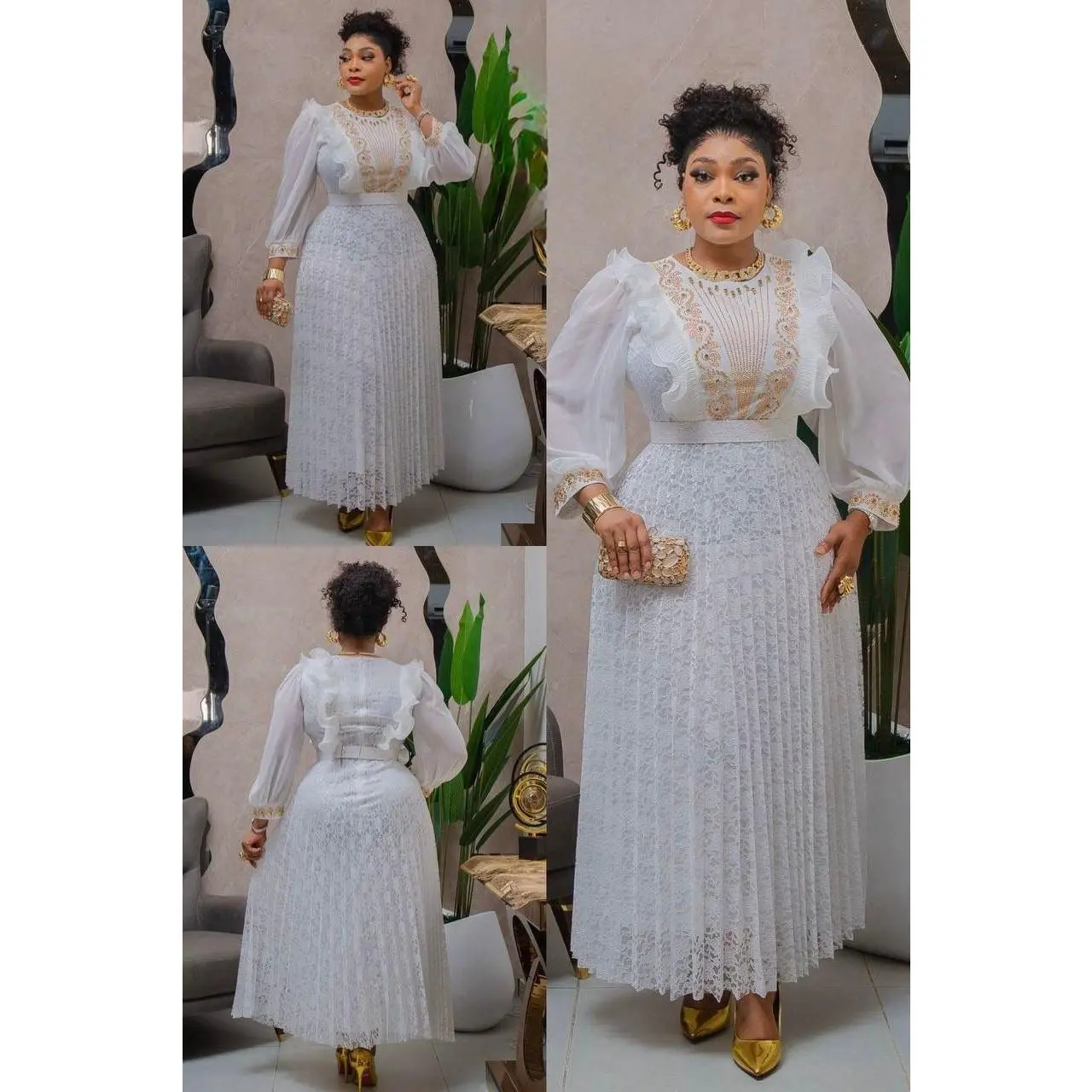 White Embellished Ruffle Sunburst Pleated Maxi Dress for Wedding Guest Engagement Ceremony