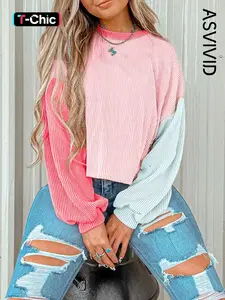 Women's Colorblock Twisted Ribbed Knit Dropped Shoulder Long Sleeve Cropped Sweatshirt, Casual Round Neck for Spring & Fall, Ladies Daily Wear, Tops, Womenswear