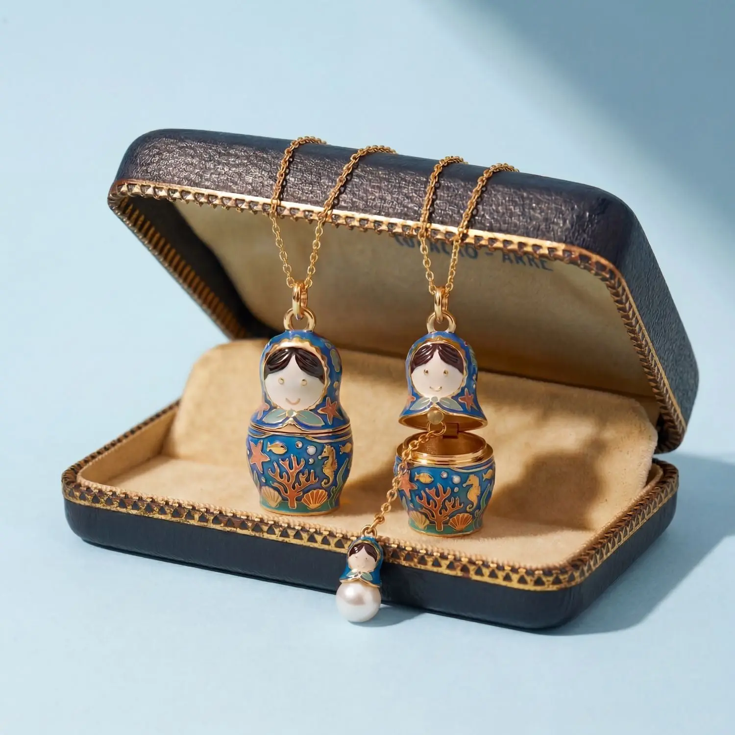 Ocean Matryoshka Surprise Necklace - Russian Doll Pearl Pendant, Hidden Charm Design Costume Jewelry Accessory