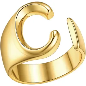 Customizable Initial Ring Statement 18K Gold Plated Fashion Cuff Rings for Women Alphabet Letter A to Z Resizable Knuckle Ring (with Gift Box)
