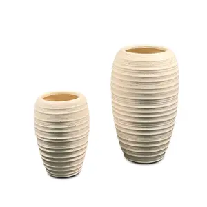 Set of 2 Sandstone Speckled Grooved Oblong Vases - Off-White Ceramic | Aria Home