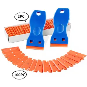 Plastic Razor Blade Scraper Set 2 PCS with 100 Replacement Blades, Household Manual Cleaning Tools for Labels, Paint, Kitchen, Glass & Ceramics