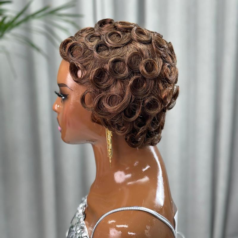 ShowReal 025 Short Pixie Cut Wig Wavy Pin Curls Black Mommy Wig Curly Bomb #99J #1B/30 #4 #1B/4/27 #4/30/4 Colorful Brizalian Virgin Human Hair Cute Style Wigs For Black Women
