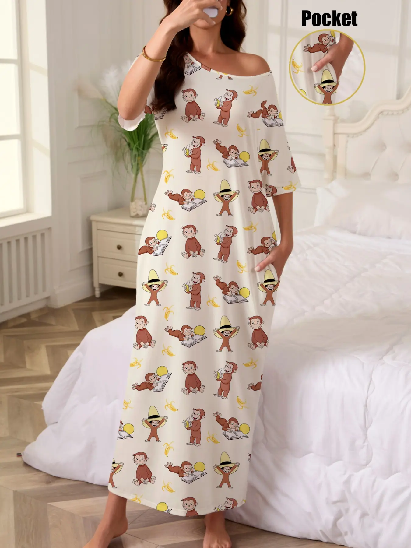 Women's Banana Monkey Print Nightdress, Casual Loose-Fitting Short Sleeve Nightwear Dress, Comfortable Homewear Loungewear with Pockets, Versatile Sleepwear, All Seasons