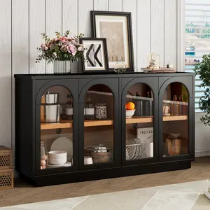 Hardware TREXM 4-Door Large Storage Buffet Cabinet with Glass Doors, Arched Cabinet with Adjustable Shelves for Kitchen, Dining Room and Living Room (Black)