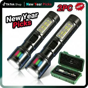 2026 New 2 PACKS  Aluminum Alloy Rechargeable LED Flashlight, With 6 Lighting Modes Zoomable Strobe Side Light Waterproof Powerful Flashlight , Tactical COB Flashlight High Lumens Flashlight,  for Outdoor Family Camping and Hiking No Installation