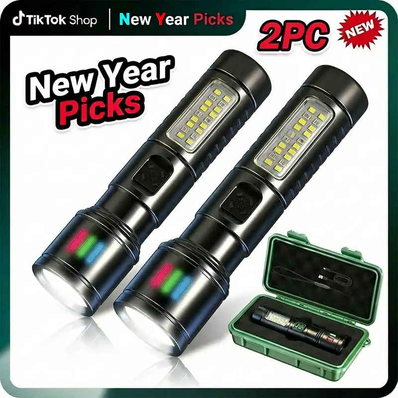 2026 New 2 PACKS  Aluminum Alloy Rechargeable LED Flashlight, With 6 Lighting Modes Zoomable Strobe Side Light Waterproof Powerful Flashlight , Tactical COB Flashlight High Lumens Flashlight,  for Outdoor Family Camping and Hiking No Installation tiktoksh