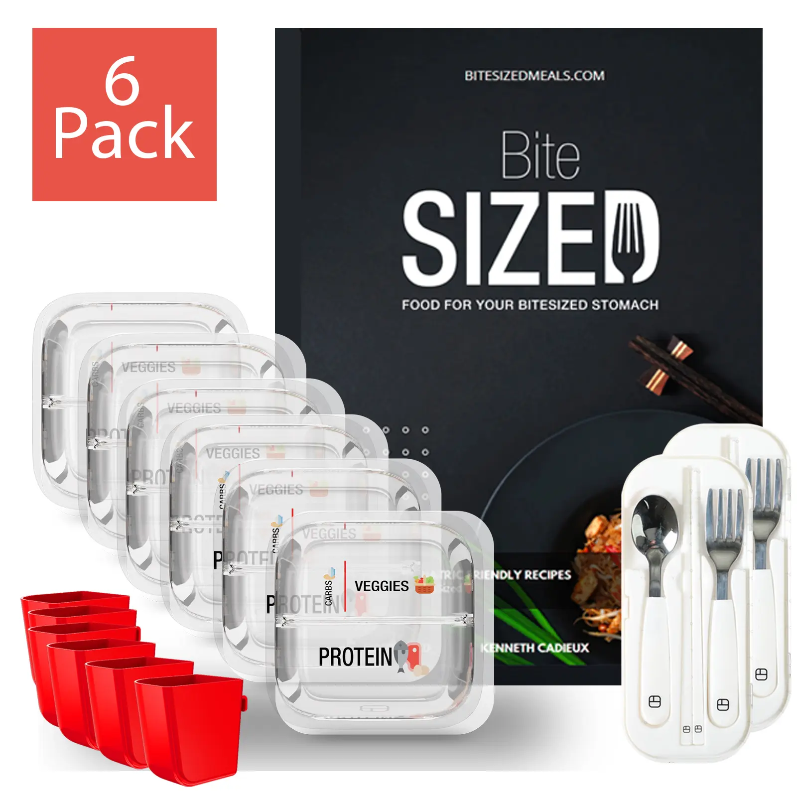BariBowl Bariatric Meal Prep 6-Pack Starter Kit + BiteSized Cookbook – Glass Portion-Control Containers, Silicone Utensils & Condiment Cups