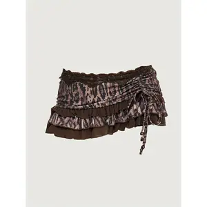 Women's sexy retro leopard print lace mini skirt, low waist pleated bow design, punk spring concertRAIMENTRY