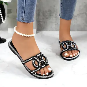 Women's Fancy Pearls Flat Sandals Slides Open Toe Footwear Fashion Slip-on Comfortable Girl Elegant Classic Summer Casual Dressy Shoes for Wedding Party Vacation Daily Wear
