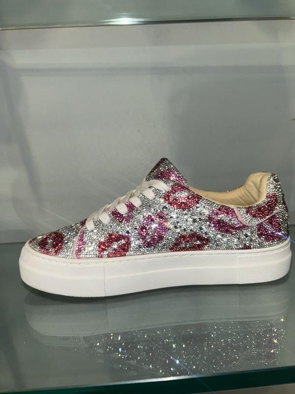 Betsey Johnson Sidny Sneaker with Glittering Lips Design and White Sole